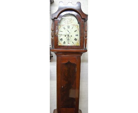 An early 19th century mahogany provincial long case clock, the arch white painted dial signed E Davy, Yarmouth, with 8-day mo