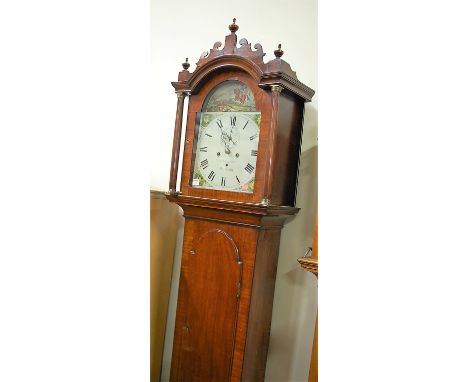 An early 19th century mahogany longcase clock, having a painted arched dial decorated with a battle scene, signed W. Simpson,