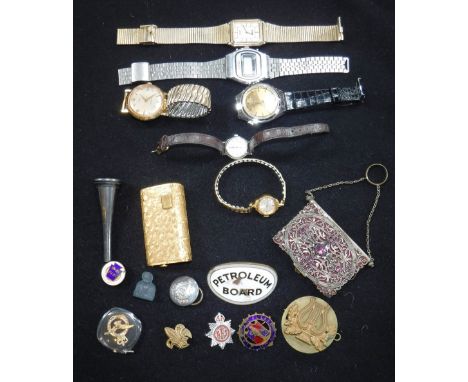 A COLLECTION OF VINTAGE WRISTWATCHES and other objects, including badges and a Ronson lighter