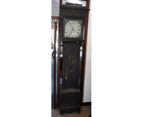 A 19TH CENTURY OAK LONGCASE CLOCK, the white painted dial and two-train movement, the case with all over later carved decorat