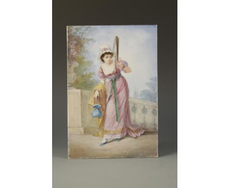 AN ENGLISH PORCELAIN PANEL painted with a lady holding a fan, standing on stone steps, 19th century, 11.75" x 8"