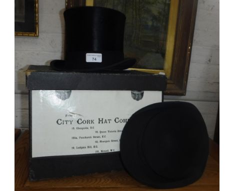 THE CORK HAT CO, LIGHT HAT SPECIALISTS, LONDON, an early 20th century black top hat and a matching opera hat, in the original