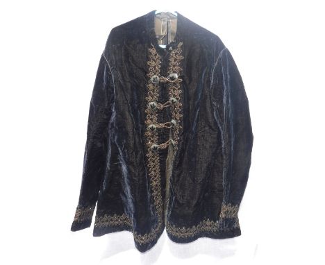 A VICTORIAN DARK BLUE VELVET COAT, with 'Jet' detail and 'Prince of Wales plume' buttons
