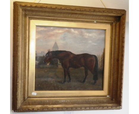 A 19TH CENTURY NAIVE OIL ON CANVAS PORTRAIT OF A BAY HORSE, in gilt frame