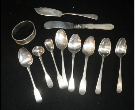 A COLLECTION OF MIXED SILVERWARE including a mother-of-pearl handled silver bladed butter knife, a silver engine-turned napki