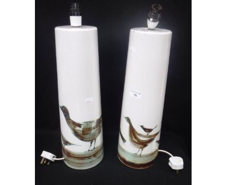 A PAIR OF 1960'S CERAMIC TABLE LAMPS, hand painted with stylised birds