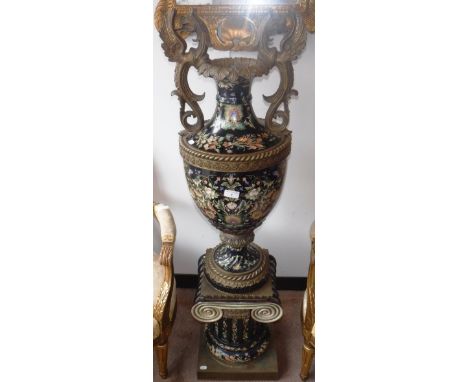 A LARGE CLASSICAL DARK BLUE GLAZED CERAMIC URN ON PEDESTAL, with cast patinated brass mounts, 50.5" high