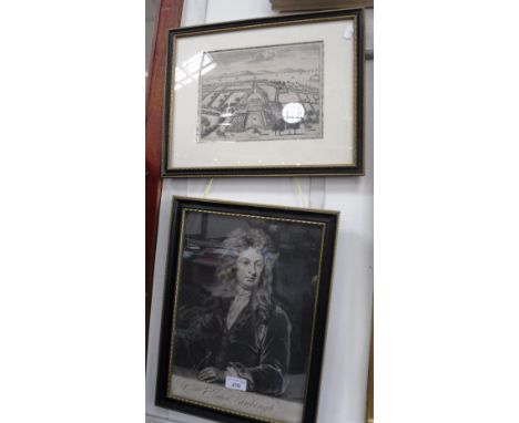 AN 18TH CENTURY PRINT of 'Pilewell' House and Gardens, a portrait print of Vanbrugh and a  copper warming pan