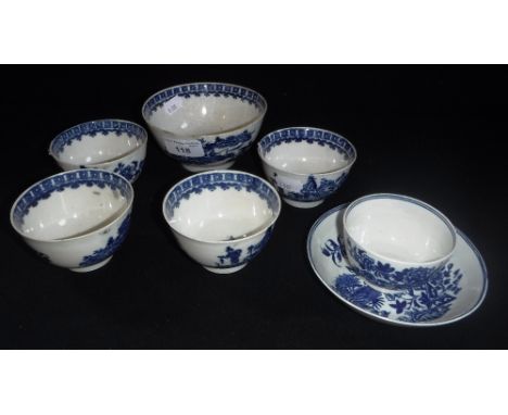 WORCESTER FIRST PERIOD: FOUR BLUE AND WHITE TEA BOWLS, a matching slops bowl and a similar design tea bowl and saucer