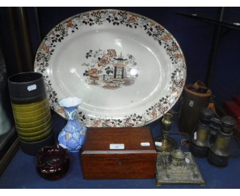 AN EASTERN ENAMELLED AND PAINTED VASE, a large Victorian meat plate, a mahogany tea caddy, binoculars and other items