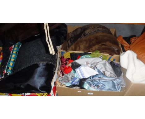 A COLLECTION OF VINTAGE LADIES CLOTHING including fur coats, leather coats, scarves and accessories
