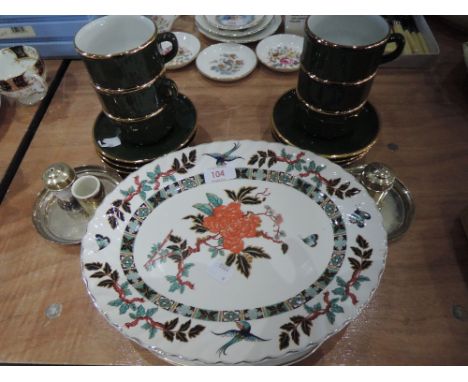 A selection of pottery including Apilco cups and saucers, Old Foley and Wedgwood plates, HM pin dish and plated ware