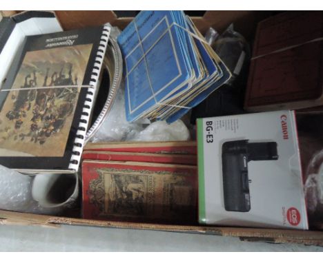 A box of miscellaneous items including Ordnance Survey maps, Ward Lock Guide books, plated ware etc
