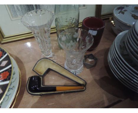 A vintage smokers pipe with amber style stem in case , vintage bottle from Colin Croft Brewery Kendal etc