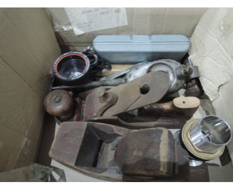 A box of vintage tools including plane