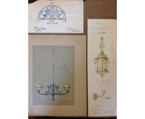 3 architectural watercolour designs of light fittings and a building sign by T.W. Camm. Paper size 31cm x 37cm.