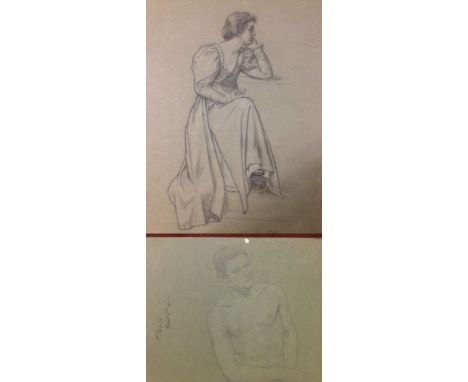 A double sided pencil sketch. A young woman in period dress to one side, head and torso of a young gentleman to back. Signed 