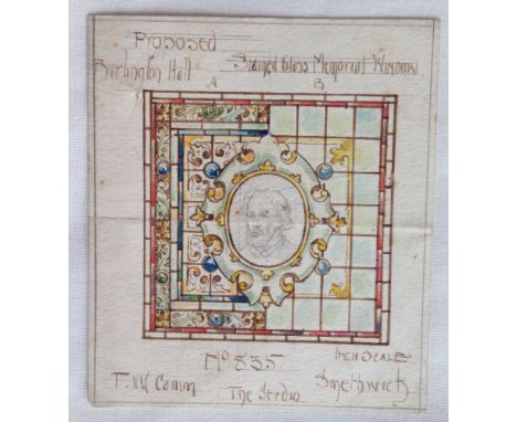 Pencil & Watercolour Sketch of Proposed Stained Glass Memorial Window by T W Camm Studios for Burlington Hall. 12.5cm tall.