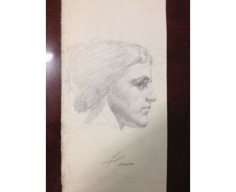 Pencil sketch of a ladies head in profile signed Florence Camm, paper size 14cm x 40cm.