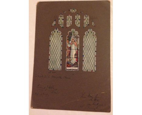 Watercolour - 12 window design on board, design #8103, for Wroughton Church, Wilts. Centre window 'I am the light of the Worl