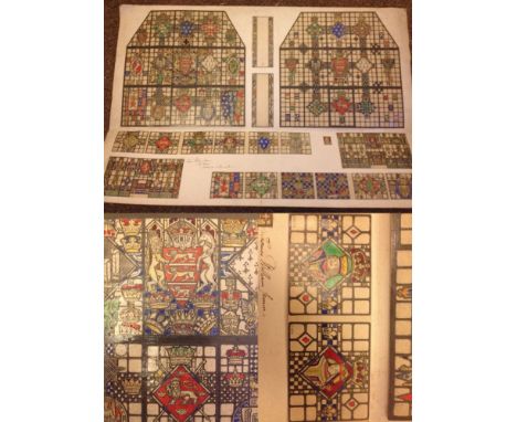 Large watercolour - heraldic windows to include Royal shields and playing card designs. Florence Camm (attrib.) Paper size 50