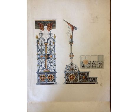 An architectural watercolor design sketch for a metalwork church Lecturn, Camm Studio. Paper size 30.5cm x 40cm.