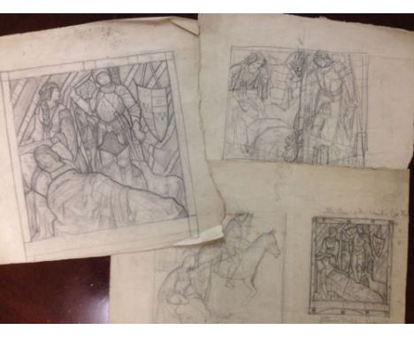 3 Arthurian preliminary pencil sketches of " The Quest of the Hound, Arthurs wedding guests." Attributed to Florence Camm. Ta