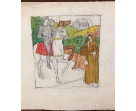 A preliminary pencil and watercolour sketch of mounted knights, attributed to Florence Camm. Paper size 28cm x 20cm