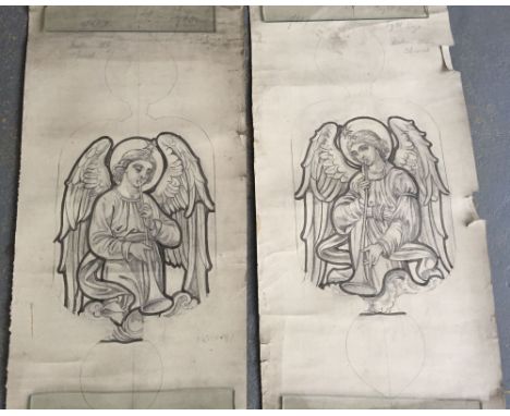 2 Pencil & Watercolour Cartoons of Angels playing horns. by T W Camm Studios for Malvern Abbey Church. 78cm tall.
