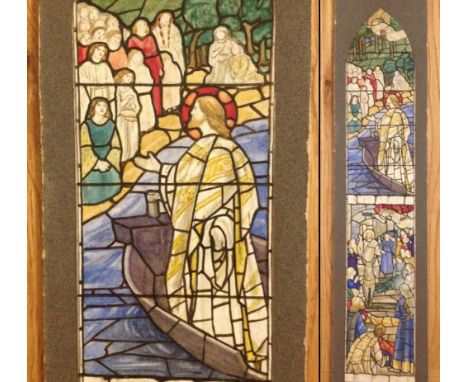 Watercolour sketch, Christ preaching from a boat and entering Jerusalem on a donkey.  Florence Camm (attrib), 41cm x 8cm.