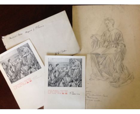 A pencil sketch study for a Christmas card of a robed figure sitting, together with 2 Christmas cards in original envelope fo