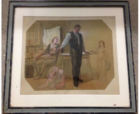 Watercolour sketch of a family. Florence Camm (attrib.) 22 x 27cm. Framed & glazed.