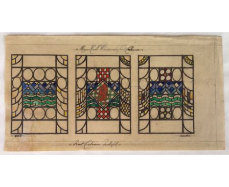 Pencil & Watercolour Sketch of Main Hall Windows for Front Entrance window designs, featuring Welsh Dragon. by T W Camm Studi