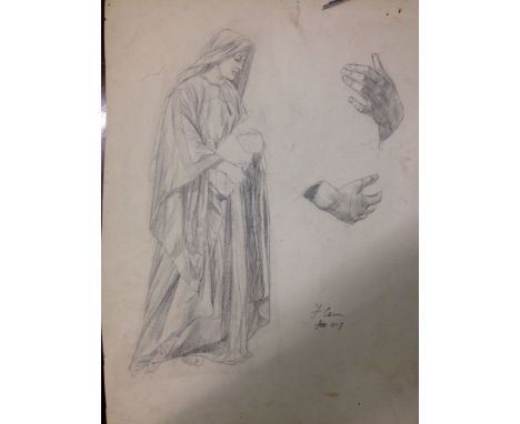 A pencil sketch of a robed woman holding a baby signed by Florence Camm, dated 1907. Paper size 26.5cm x 37.5cm.