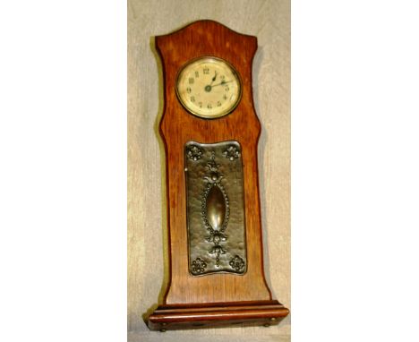 MINIATURE LONG CASED CLOCK. OAK CASE WITH COPPER ART NOUVEAU  H: 26CM W: 11CM D:4.5CM