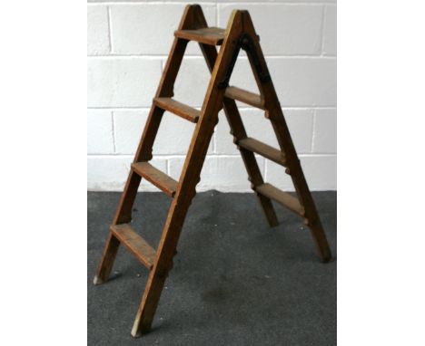 PAIR OF SMALL OAK LIBRARY STEP LADDERS H93CM WIDTH AT BASE OPEN 80CM