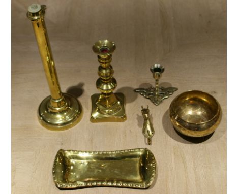 BRASS EJECTOR CANDLE STICK AND OTHER BRASS WARES HIGHEST ITEM 33CM