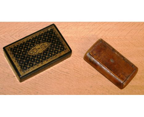 LACQUERED AND BURR WOOD SNUFF BOXES LARGER BOX - W: 8.5CM, D: 5CM, H: 2CM