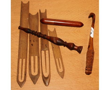 2 KNITTING STICKS, NEEDLE HOLDER AND OTHER KNITTING ITEMS KNITTING STICK MARKED 'HER' - L: 17CM