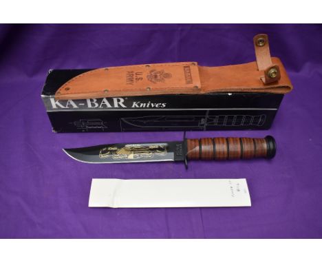 A Ka-Bar Knife, US Army Pearl Harbour 60th Anniversary, with leather scabbard, overall length 31cm, in original box