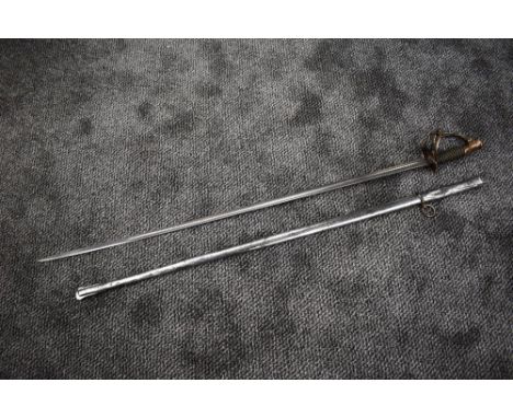 A French M1882 light cavalry sword, blade length 93cm, overall length 107cm, with scabbard, etched on back of blade Mre D Arm