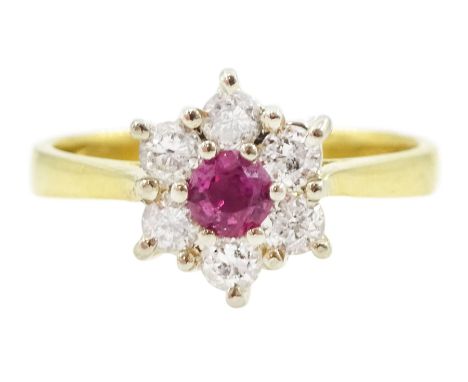 18ct gold round cut ruby and round brilliant cut diamond cluster ring, Birmingham import mark 1989, total diamond weight appr