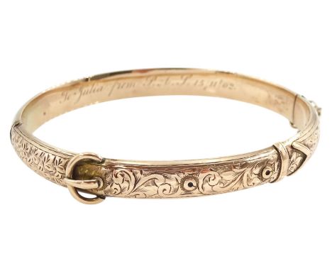 Victorian 9ct rose gold hinged buckle bangle, with engraved foliate decoration, Birmingham 1900Condition Report:Approx 8.9gm,