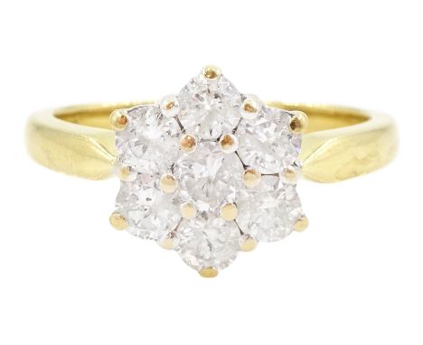 18ct gold seven stone round brilliant cut diamond flower head cluster ring, hallmarked, total diamond weight 1.00 caratCondit