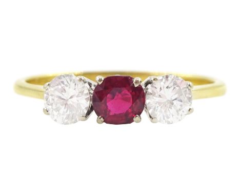 18ct gold three stone ruby and round brilliant cut diamond ring, London import mark 1973, ruby approx 0.30 carat, total diamo