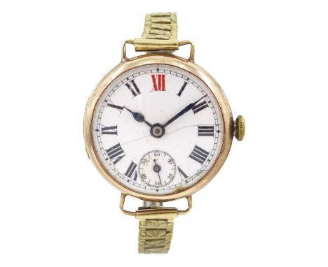 Rolex early 20th century gentleman's 9ct gold manual wind wristwatch, white enamel dial with Roman numerals and subsidiary se