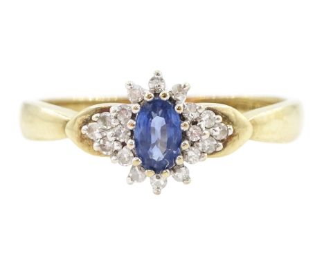 9ct gold oval cut sapphire and diamond cluster ring, London 1997Condition Report:Approx 2.65gm, size Q-R, max depth = 8.2mm