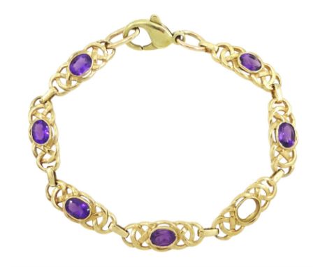 9ct gold oval cut amethyst Celtic link bracelet, hallmarkedCondition Report:Approx 15.75gm, length = 20cm, max link depth = 0
