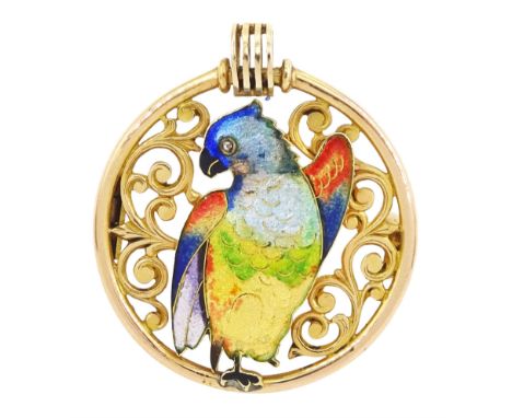 Early 20th century gold enamel parrot fancy open work brooch, with rose cut diamond set eyeCondition Report:Approx 7.45gm, te