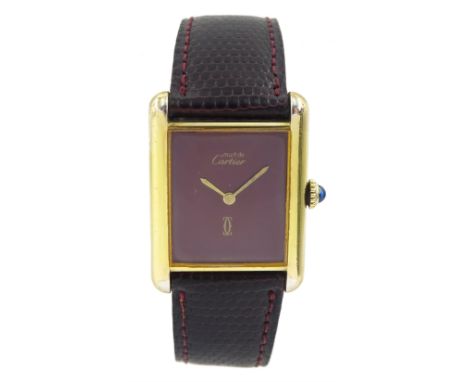 Must de Cartier silver-gilt manual wind wristwatch, burgundy dial, back case No 6 141961, hallmarked, on Cartier burgundy lea